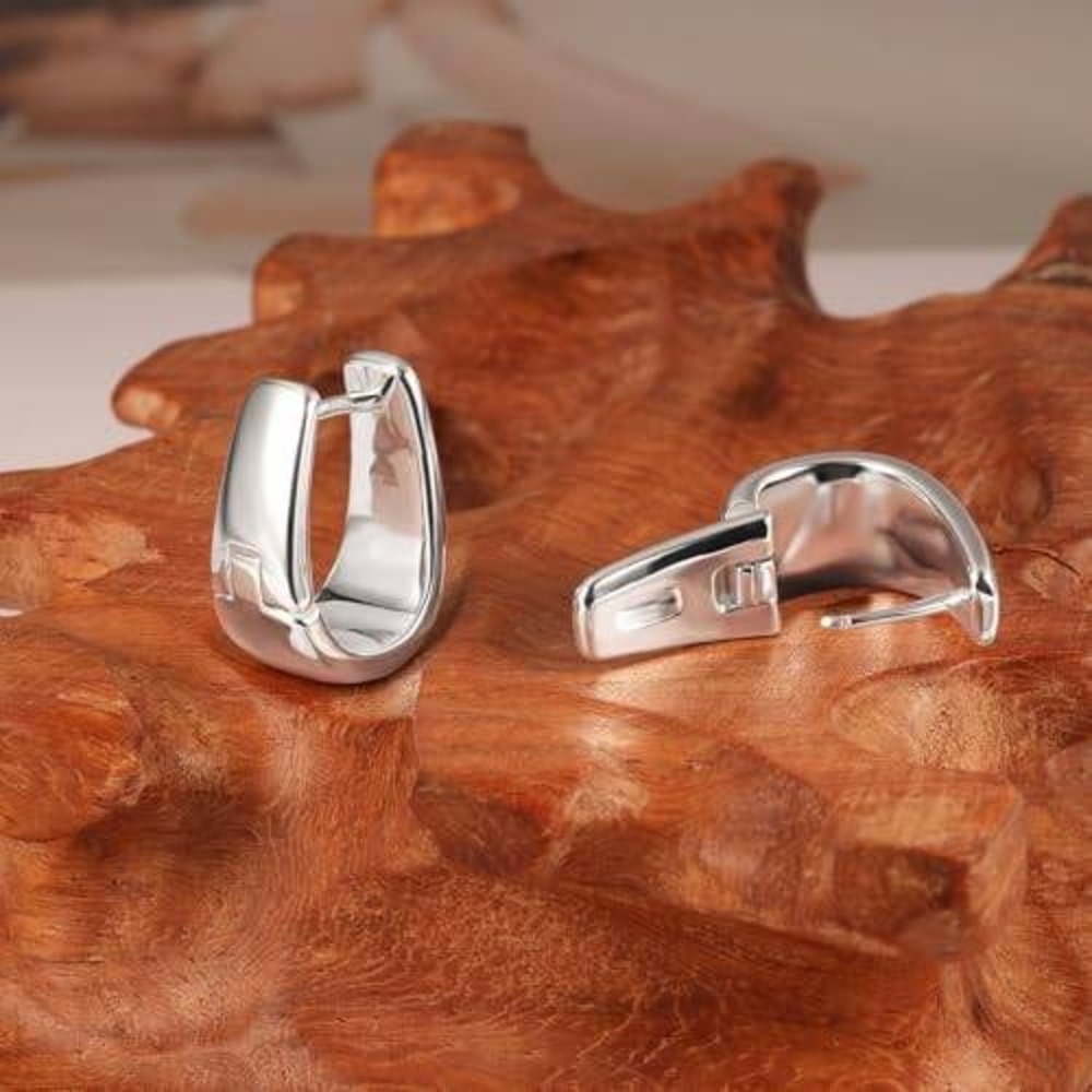 Silver Tapered Huggie Hoop Earrings Minimalist U-Shape Geometric Earrings